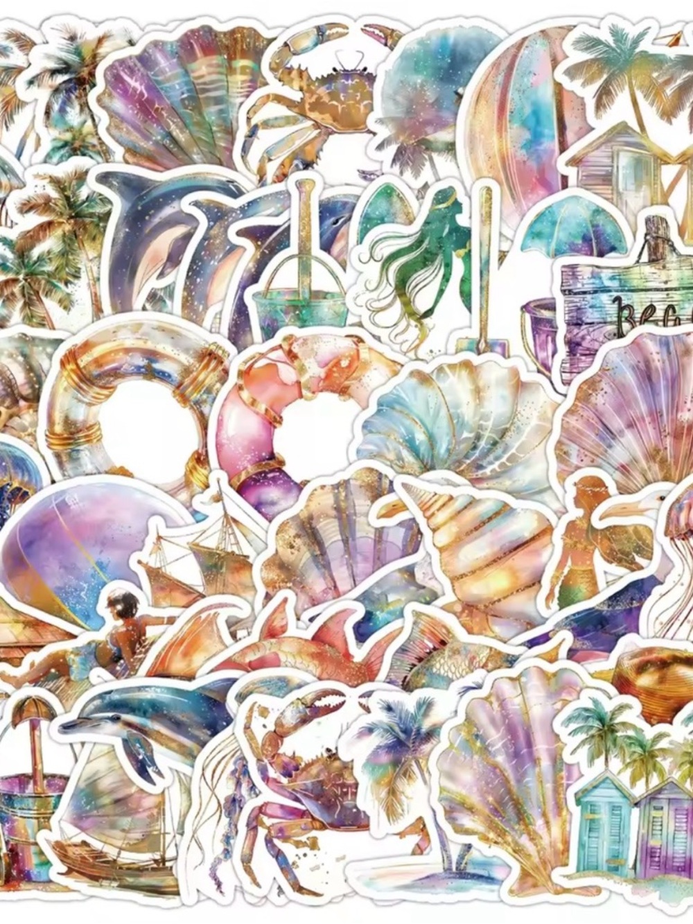 50 Watercolor Beach Stickers- Pastel Seashells & Dolphins